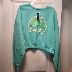 Lucky Clover Graphic Cropped Sweatshirt - Teal